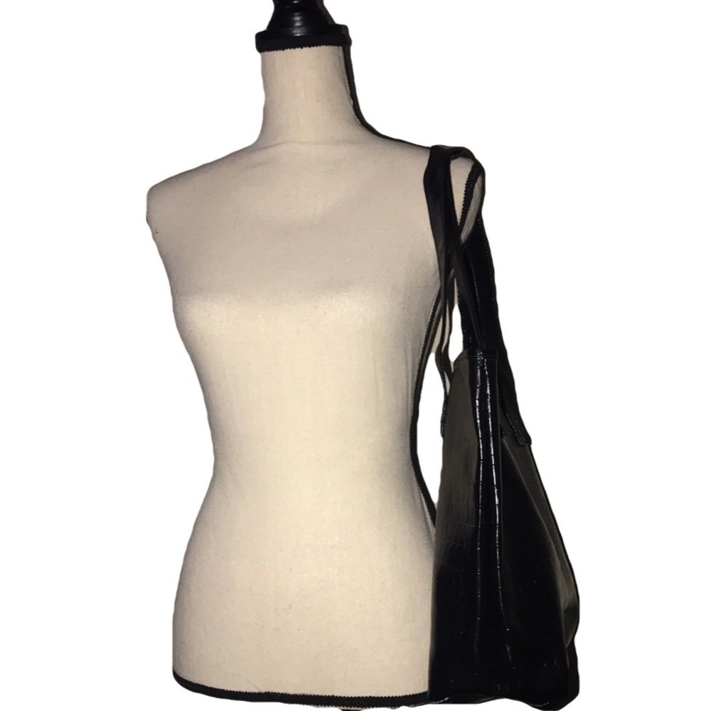 crocodile scale like print shoulder tote purse black medium large size - Picture 2 of 6